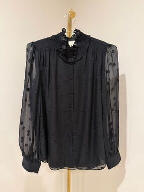 Kate Spade Black Sheer Polka Dot Ruffle Collar Blouse